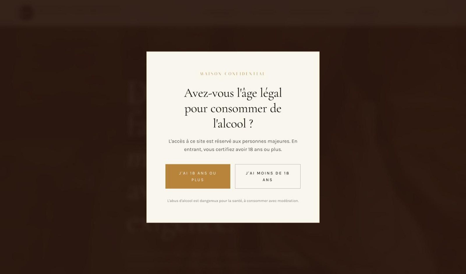 Fenêtre de vérification de l'âge à l'entrée du site Maison Confidential, avec le message sanitaire
